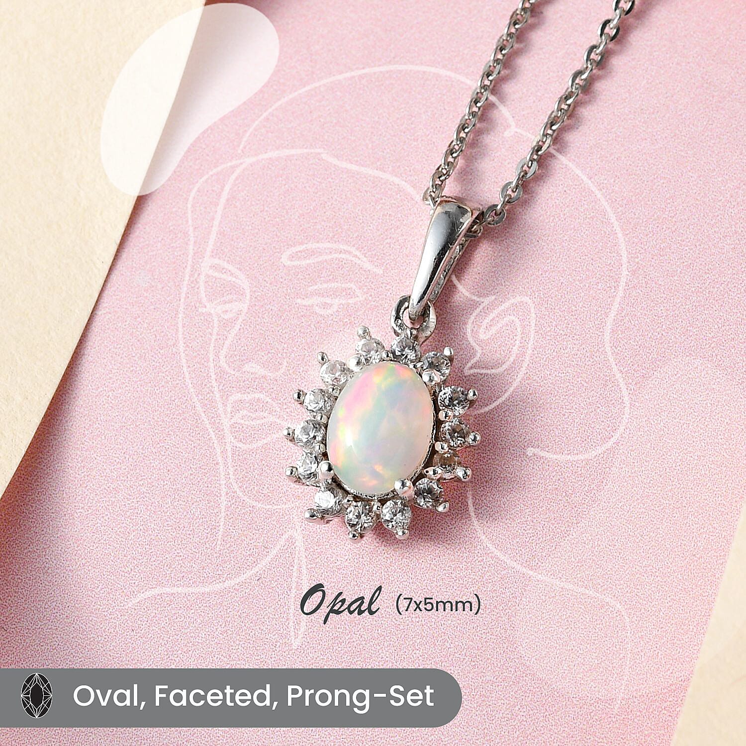 Ethiopian Welo Opal and Natural Zircon Halo Pendant with Chain (Size 20) in Platinum Overlay Sterling Silver